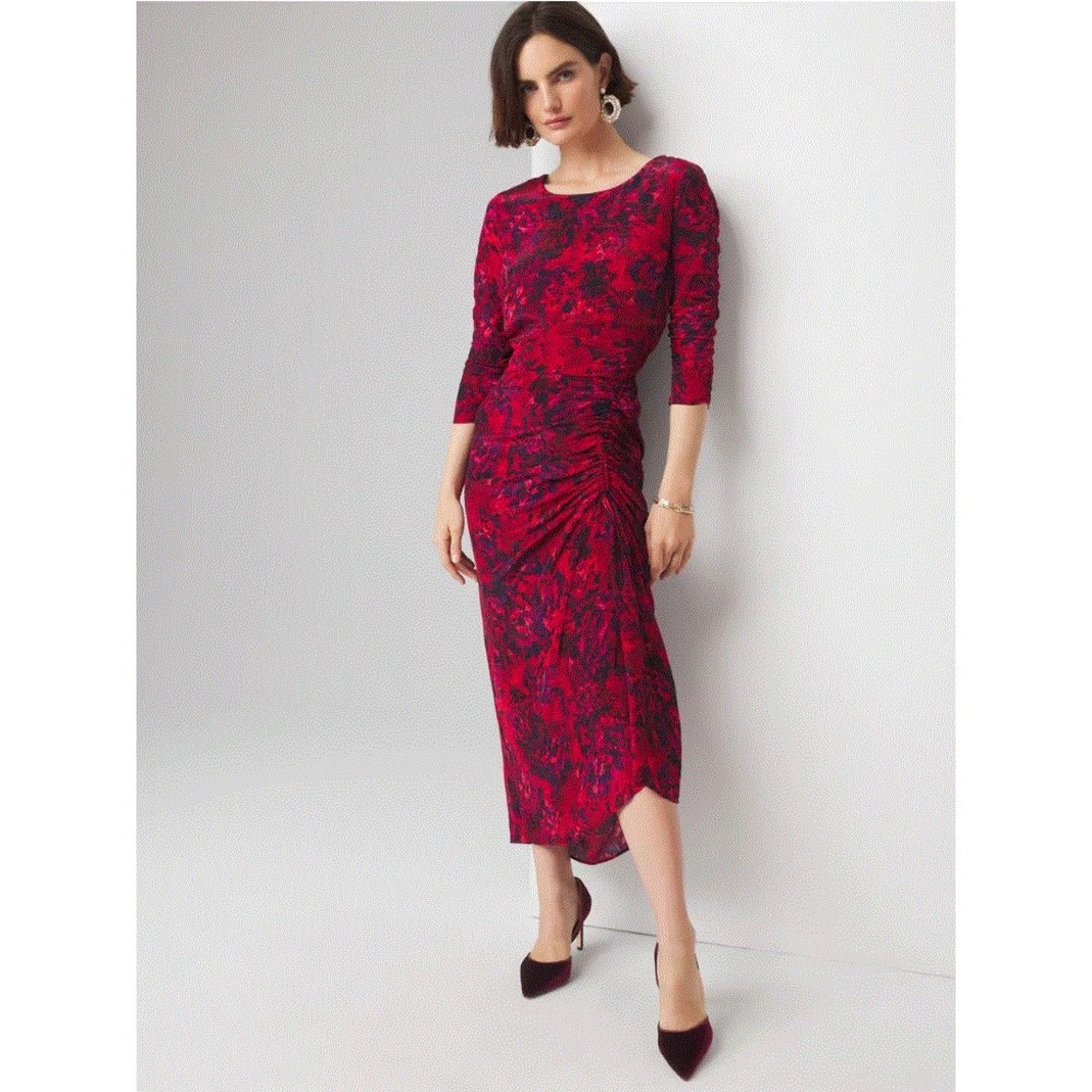 White House Black Market WHBM Red Floral Ruched Midi Dress 2 570377841